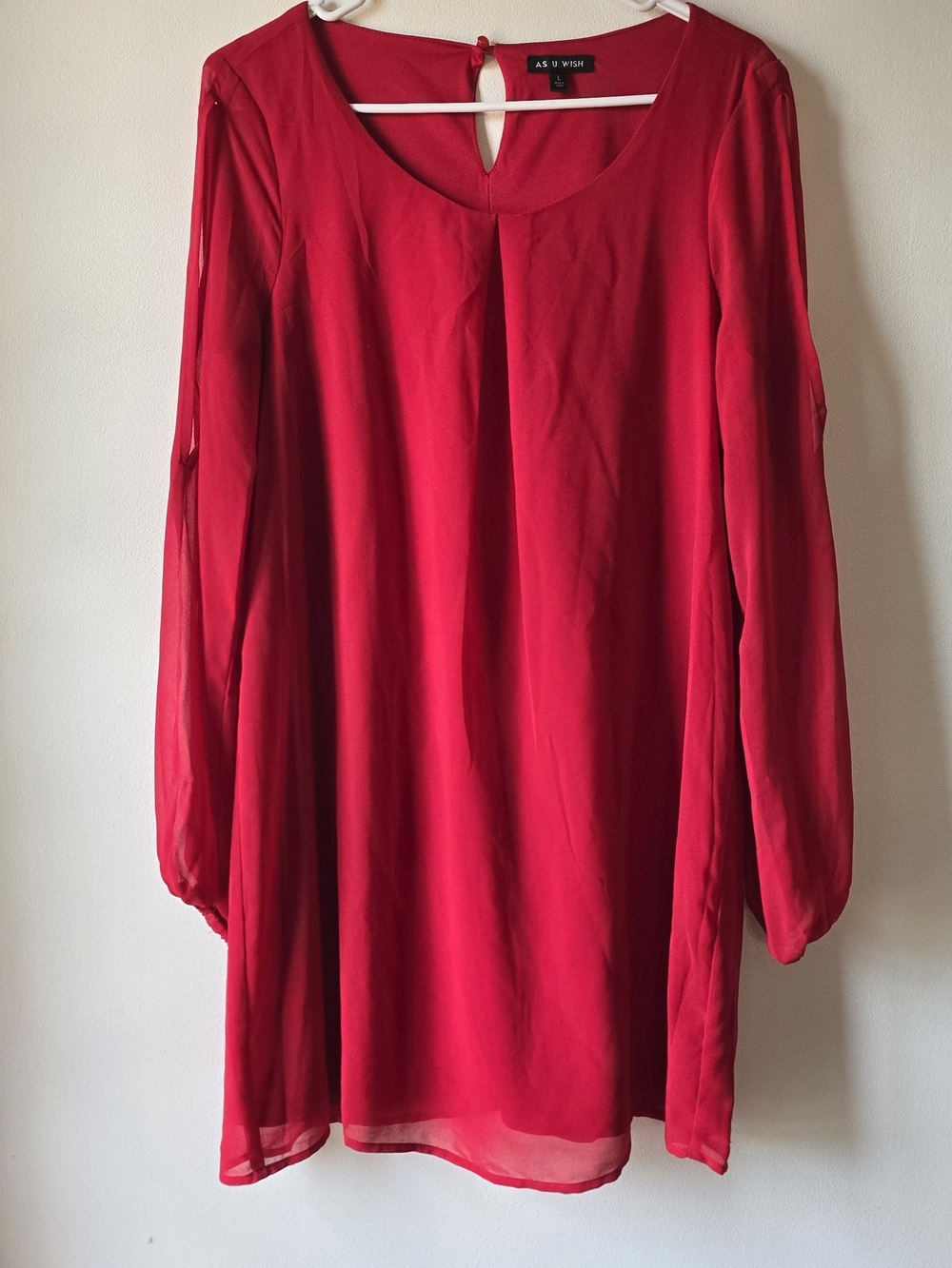 As U Wish Red Long Sleeve Chiffon Tunic with Keyhole Back